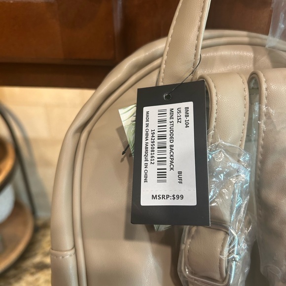 Badgley Mischka Mini Studded Backpack Quilted- Beige - Picture 3 of 5